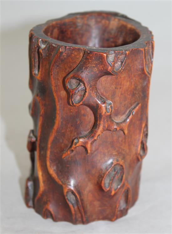 A Chinese huanghuali tree bough shaped brush pot, 18th / 19th century, 12.5cm
